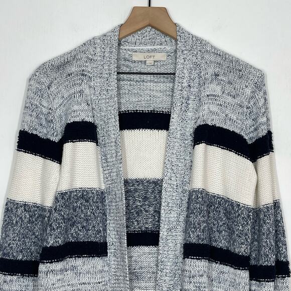 LOFT Cardigan Sweater Women's Size Small Blue Marled Striped Knit Open Front - Picture 3 of 9